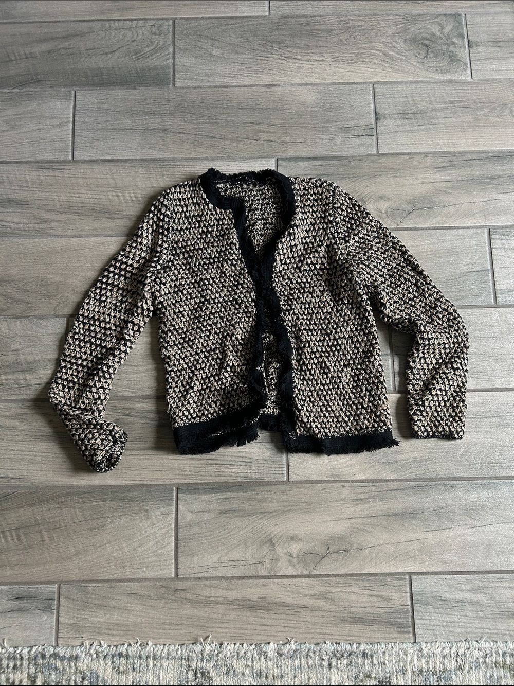 J. McLaughlin Black and Cream Bouclé Fringe-Trim Jacket
